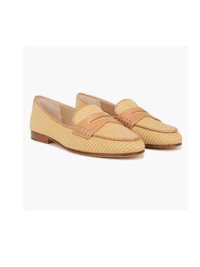 Veronica Beard Straw Color w Tan Penny Loafers Woven Raffia Leather Trim Sz 6.5
